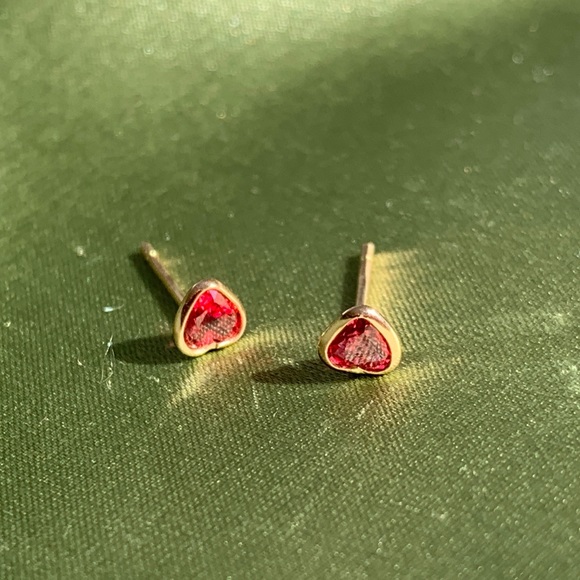 14k Gold Red Sapphire Heart Earrings - Picture 5 of 5